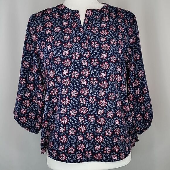 Appleseed's Navy Floral V-Neck Popover Blouse - Picture 1 of 11